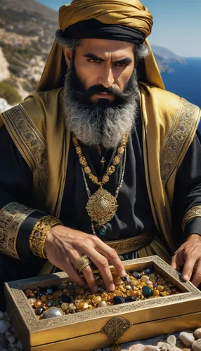 coast of the Greek coast, a Persian merchant in expensive golden clothes with black sleeves, gold jewelry, a long black beard, holding an open box in his hands, precious stones lie inside,biblical nar