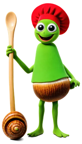 Escargot, French snail, slimy trail, green shell, antennae, big eyes, mouth smiling, chef hat, red apron, holding wooden spoon, standing on one foot, whimsical, vibrant colors, soft focus, shallow dep