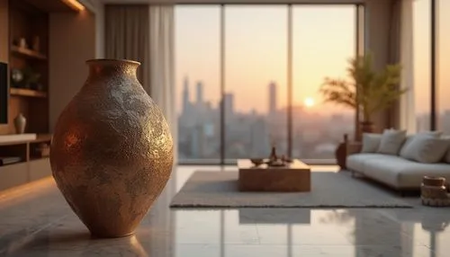 Sculpted modern vase, sand-casted metallic surface, intricate texture, earthy tone, ornate design, luxurious ambiance, ambient lighting, shallow depth of field, warm color palette, interior decoration