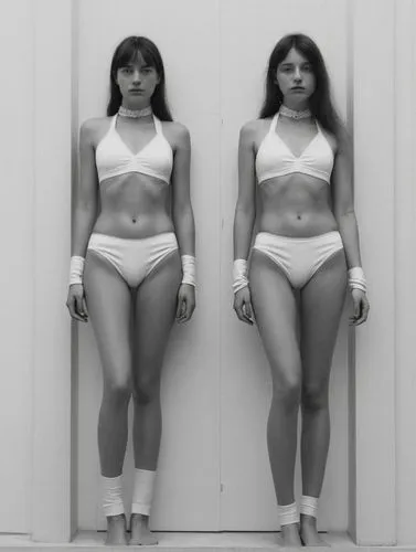 at random,two young women in underwear posing against a wall,body positivity,anorexia,female body,shapewear,doll looking in mirror,mirror image,Photography,Black and white photography,Black and White 