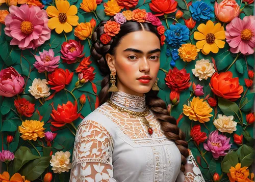 frida,girl in flowers,kahila garland-lily,flower wall en,flower painting,beautiful girl with flowers,wreath of flowers,zoroastrian novruz,floral background,floral composition,flower background,flower art,splendor of flowers,portrait background,flower girl,flower garland,culture rose,fantasy portrait,orientalism,iranian nowruz,Art,Artistic Painting,Artistic Painting 31