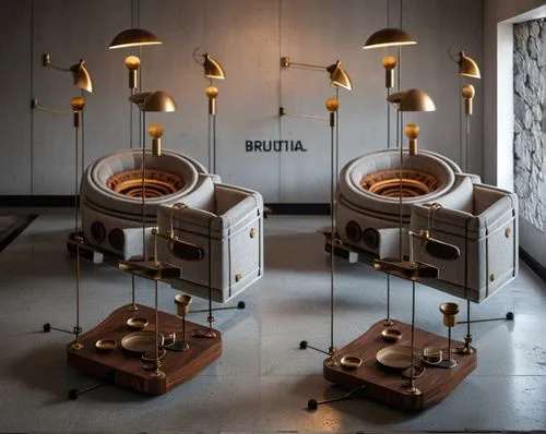 Brutalist Interior Design,a po with three sets of lights, one in the shape of a radio and one in the style of an instrument,luminaires,foscarini,kartell,bottega,barstools,industrial design,kienholz,sc