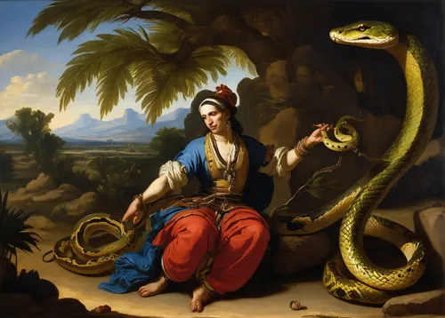 In a mystical desert oasis, a snake charmer performs a captivating dance with serpents.,snake charmers,snake charming,emperor snake,serpent,anaconda,ramayan,asclepius,ophiuchus,king cobra,anahata,rama