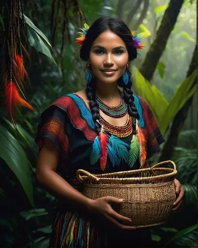 Amaican woman, indigenous, traditional clothing, colorful feathers, beaded accessories, wicker basket, natural makeup, dark hair, warm smile, standing, rainforest, vines, exotic plants, misty atmosphe