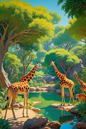 Vibrant zoo scene, sunny day, clear blue sky, lush greenery, various animal enclosures, visitors walking and laughing, children feeding giraffes, monkeys swinging on trees, lions lazing in the shade, 