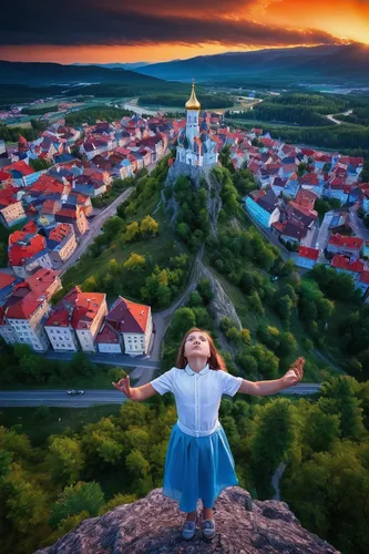 After a scientific experiment gone wrong, a mini giantess wreaks havoc on a peaceful town.,mikulov,czechia,slovakia,český krumlov,little girl in pink dress,czech republic,sibiu,cluj,eastern europe,tra