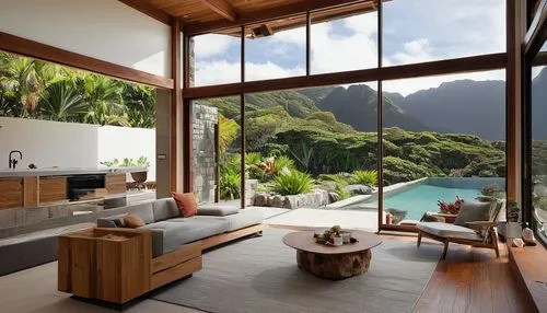 Modern luxurious villa, New Zealand style, angular lines, wooden accents, large glass windows, sliding doors, minimalist interior, open-plan living area, high ceiling, wooden beams, stone walls, lush 