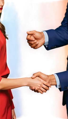 Handshake, two hands, male and female, formal wear, suit and tie, business attire, firm grip, serious expression, close-up shot, shallow depth of field, soft lighting, warm color tone, 3/4 composition