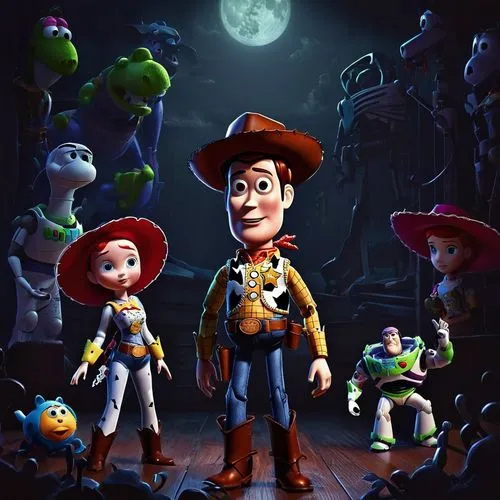 toy story,a toy story movie poster with the main characters,toy story,scummvm,halloween poster,pixar,toy's story,halloween background,Conceptual Art,Fantasy,Fantasy 34