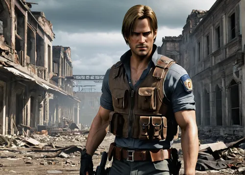 Leon Kennedy, Johann Urb lookalike, male character, (30yo), determined expression, short brown hair, light stubble, R.P.D. uniform, tactical vest, combat boots, handgun holster, standing pose, urban r