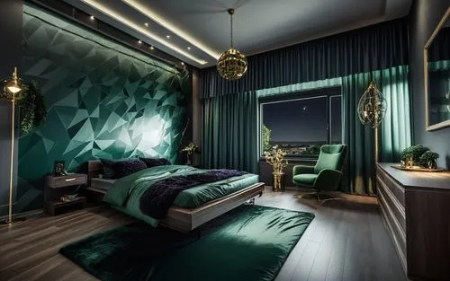 modern vila boy bedroom,dark, green, high quality, high resolution, detail, larg window, black and dark green, larg window, big larg window, reflective window,a bedroom with green walls and carpeting,