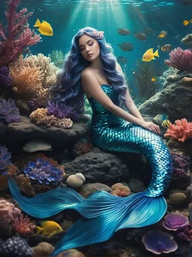 Mermaid, blue long wavy hair, shiny scales, sparkly tail, sitting on a rock, underwater, coral reef, seaweed, ocean flowers, schools of fish swimming around, sunlight filtering through water surface, 