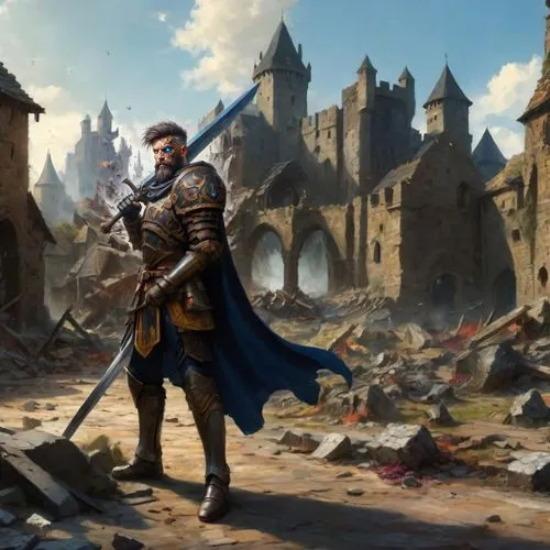 Warrior in full plate armor with a great-sword standing infront of a destroyed medieval village strewn with rubble and carnage in the style of an acrylic painting,prejmer,castleguard,medieval,heroic f