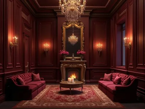 Rich maroon accents, luxurious velvet fabrics, ornate golden frames, lavish crystal chandeliers, sophisticated dark wood tones, mysterious dim lighting, intimate cozy atmosphere, opulent furniture uph