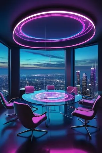 ufo interior,sky apartment,boardroom,neon light,futuristic landscape,sky space concept,neon cocktails,conference room,neon lights,conference table,3d background,ultraviolet,neon coffee,neon human resources,skyloft,blur office background,purple wallpaper,chair circle,purple,neon tea,Photography,Fashion Photography,Fashion Photography 08