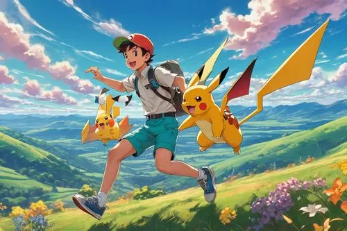 Vibrant rainbow-colored clouds, fluffy white clouds with subtle gradient effects, a Pokémon photographer, young boy, enthusiastic expression, holding a professional camera, yellow shirt, blue shorts, 