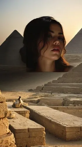 As the sun sets behind the ancient stone walls of Giza, a lone figure gazes radiantly at the serene mystical world below. The statues are ancient and graceful, their intricate patterns and shapes taki