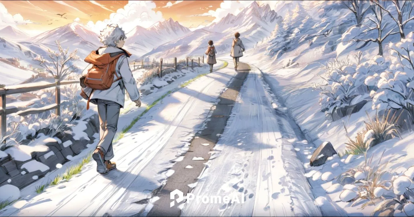 a small yo boy,  white curly hair, dressed in long winter coat, walks along the edge of a snowing mountain path surrounded by lush green grass. The sun is setting, casting a warm orange glow on the su