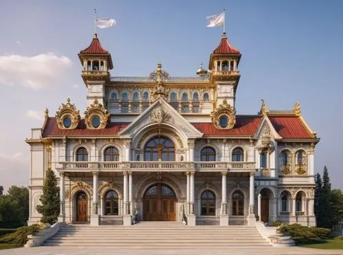 a large ornate building sitting on top of a lush green field,fairy tale castle,muskau,tsarskoye,grand master's palace,czarist,odessa,Photography,General,Cinematic