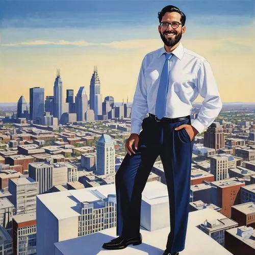 Modern architect, standing, confident posture, glasses, short black hair, beard, white shirt, black tie, dark blue formal pants, leather shoes, holding blueprints, pen in hand, smiling, skyscraper, ci