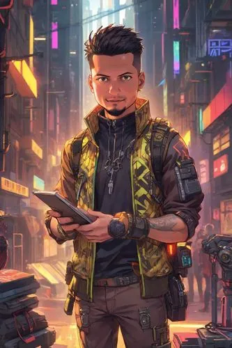 cyberpunk,sci fiction illustration,cg artwork,game illustration,drone pilot,cyber,mechanic,renegade,cyborg,engineer,cable,dystopian,pyro,background image,star-lord peter jason quill,vendor,journalist,bomber,hk,punk,Digital Art,Anime