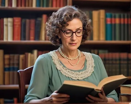 A mature lady, warm librarian, 30s, bespectacled, curly brown hair, subtle makeup, elegant blouse, long skirt, pearl necklace, sitting, reading, surrounded by bookshelves, cozy atmosphere, warm lighti