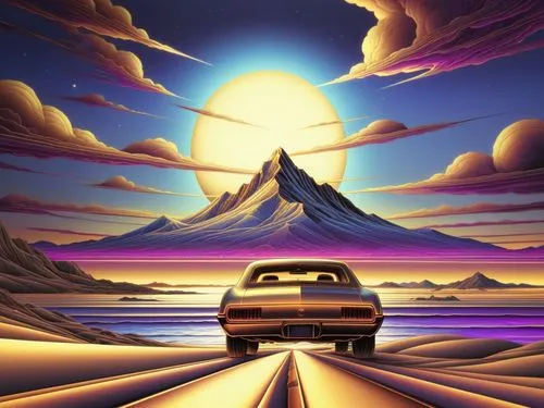 a painting of a car traveling in front of a large mountains,3d car wallpaper,retro background,futuristic landscape,moon car,cartoon video game background,retro automobile,Illustration,Realistic Fantas