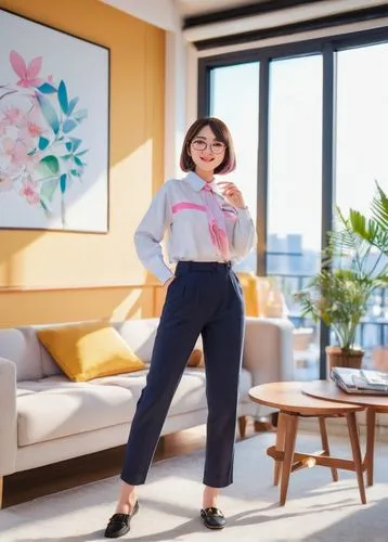 Modern room creator, interior designer, female, 25yo, stylish bobbed hair, trendy glasses, elegant makeup, white shirt, black trousers, creative pose, designing, standing, spacious modern living room,