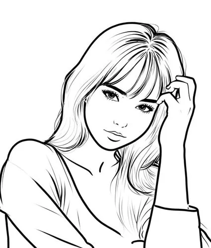 女生，白色衬衫，黑白，线稿，线条艺术,a woman in black and white is looking into her left ear,eyes line art,coloring pages,coloring page,lineart,angel line art,line art,Design Sketch,Design Sketch,Rough Outline