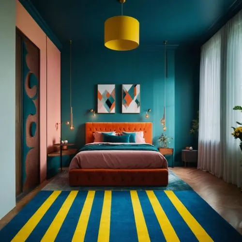 teal and orange,modern decor,bedroom,boy's room picture,blue room,deco,sleeping room,airbnb icon,children's bedroom,interior design,kids room,guest room,modern room,saturated colors,guestroom,trend color,great room,geometric style,two color combination,nautical colors