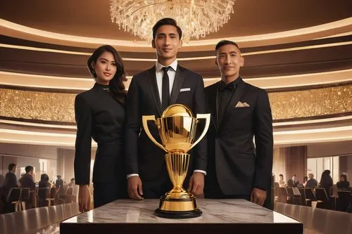 Modern architecture, award ceremony, luxurious interior, golden trophy, sleek wooden podium, elegant backdrop, spotlights shining down, refined audience, formal attire, designer suit, crisp white shir