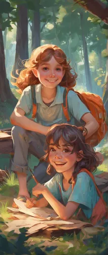 children studying,happy children playing in the forest,girl and boy outdoor,kids illustration,study,two girls,travelers,fairies,hikers,forest workers,game illustration,foragers,children drawing,children's background,forest clover,childhood friends,children girls,little boy and girl,pines,world digital painting,Conceptual Art,Fantasy,Fantasy 01