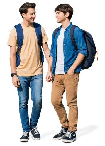 Father and son, happy family, outdoor scene, sunny day, warm smiles, casual wear, T-shirts, jeans, sneakers, backpack, holding hands, walking together, playful atmosphere, natural lighting, soft focus