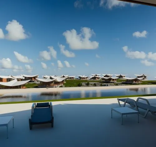 some lawn chairs a pool and buildings on a clear day,over water bungalows,amanresorts,floating huts,cabanas,mayakoba,over water bungalow,Photography,General,Realistic