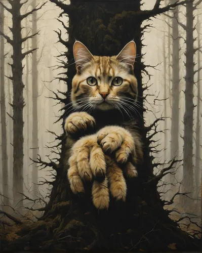 forest animal,cat portrait,cats in tree,tabby cat,feral cat,red tabby,cat image,cat resting,american shorthair,breed cat,cat sparrow,woodland animals,wild cat,oil painting on canvas,forest animals,feral,the cat,treeing feist,halloween cat,feline,Illustration,Realistic Fantasy,Realistic Fantasy 09