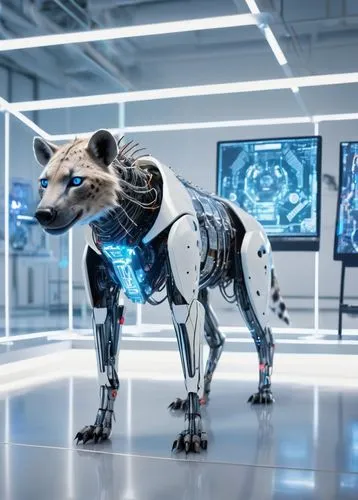 Hyena AI, futuristic laboratory, robotic animal, shiny metallic body, glowing blue eyes, sharp claws, advanced sensors, wires and circuits visible under transparent skin, standing on a raised platform