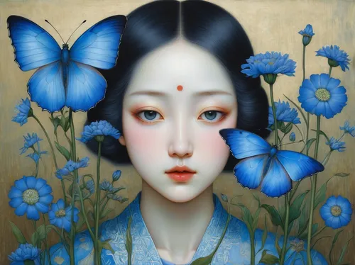 blue petals,japanese art,chinese art,blue flower,forget-me-not,geisha girl,blue butterflies,janome chow,oriental painting,jasmine blue,han thom,forget me not,blue birds and blossom,geisha,japanese woman,oriental girl,blue flowers,mari makinami,holly blue,shirakami-sanchi,Illustration,Realistic Fantasy,Realistic Fantasy 08