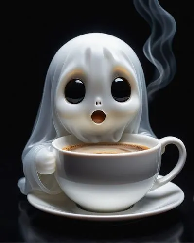 "a graceful cute chibi ghost, white, translucent.with a cup of coffee in his hands. black background . photorealistic. movement",halloween coffee,cute coffee,hot drink,macchiato,tea cup fella,hot coff