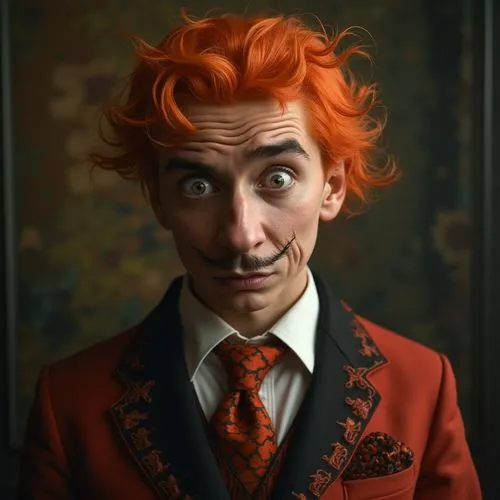 The great dictator charles chaplin like mad Trump, orange hair,  twisted facial expression, ready for the lunatic asylum dress,this is a po of a man dressed up like the mad knickker,ackermann,jongleur