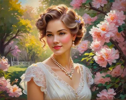 romantic portrait,jane austen,fantasy portrait,vintage female portrait,portrait background,a charming woman,emile vernon,oil painting,victorian lady,splendor of flowers,oil painting on canvas,linden blossom,beautiful girl with flowers,vintage woman,jasmine blossom,girl in flowers,world digital painting,romantic look,vietnamese woman,camellias,Illustration,Children,Children 05