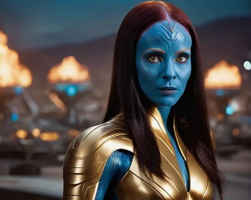 A young (((20 years old))) Karen Gillan as Nebula (((She has dark long straight hair, blue skin color and golden eyes))), in an alternate Marvel Universe. This takes place in the nineties and the back