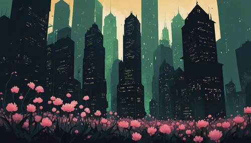 Imagine a futuristic city where skyscrapers are covered in cascades of glowing trifolium.,cityscape,tulips,peonies,cosmos field,scattered flowers,pink tulips,opium poppies,peony,field of flowers,skysc