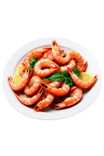 Delicious plate, seafood dish, multiple prawns, garnished with lemon, parsley, and garlic, white ceramic plate, shiny surface, studio lighting, close-up shot, shallow depth of field, vibrant colors, h