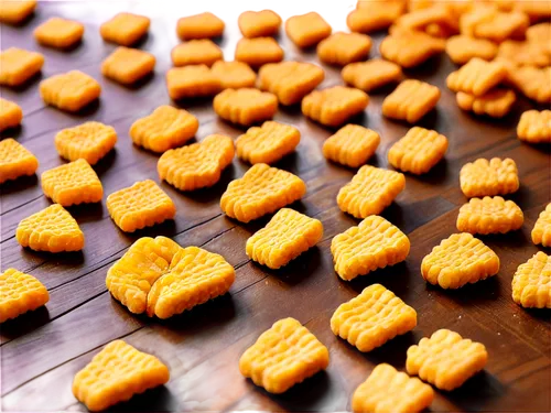 Crunchy sound, 3D realistic texture, close-up shot, macro photography, golden crispy snacks, scattered on wooden table, natural daylight, shallow depth of field, warm color tone, soft focus effect.,er