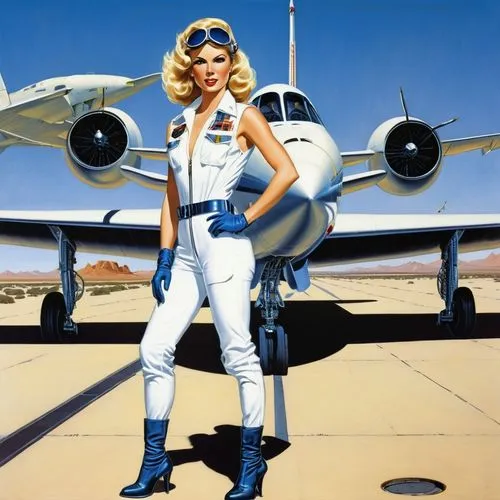 Show me an illustration of a blonde 2024 gorgeous 25 years old test pilot woman in white overall with elaborate flight gear in front of a 2035 electrostatic jet with blue illumination on a desert airs