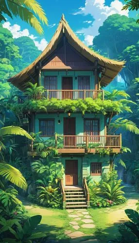 teahouse,tropical house,forest house,studio ghibli,house in the forest,ghibli,wooden house,summer cottage,ancient house,dojo,tropical greens,ryokan,dreamhouse,home landscape,asian architecture,japanese background,hawaii bamboo,little house,wooden roof,background design,Illustration,Japanese style,Japanese Style 03