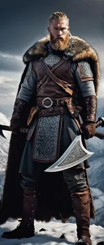 Muscular man, handsome Viking, fierce gaze, blond braided hair, thick beard, Nordic armor, leather gloves, silver brooch, mighty axe, standing, strong legs, fur cape, snowy mountain, misty atmosphere,