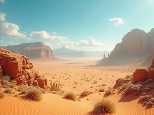 Desert landscape, ochre color palette, warm sunny day, vast sandy dunes, rock formations, cacti, succulents, rugged terrain, distant mountains, clear blue sky, few wispy clouds, strong shadows, warm l