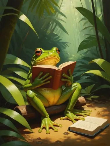 book reading frog, dholak beside him.,a frog sits on a tree stump reading a book,frog background,relaxing reading,lectura,read a book,litoria,frog king,Conceptual Art,Daily,Daily 12