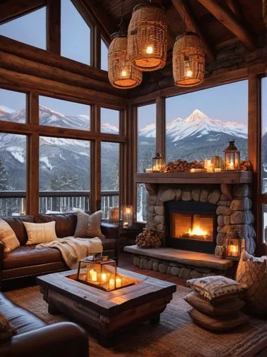 warm and cozy,alpine style,the cabin in the mountains,coziness,fire place,coziest,chalet,fireplaces,cozier,log fire,house in the mountains,winter house,fireplace,beautiful home,fireside,house in mountains,winter window,cozy,snow house,log home,Illustration,Realistic Fantasy,Realistic Fantasy 41